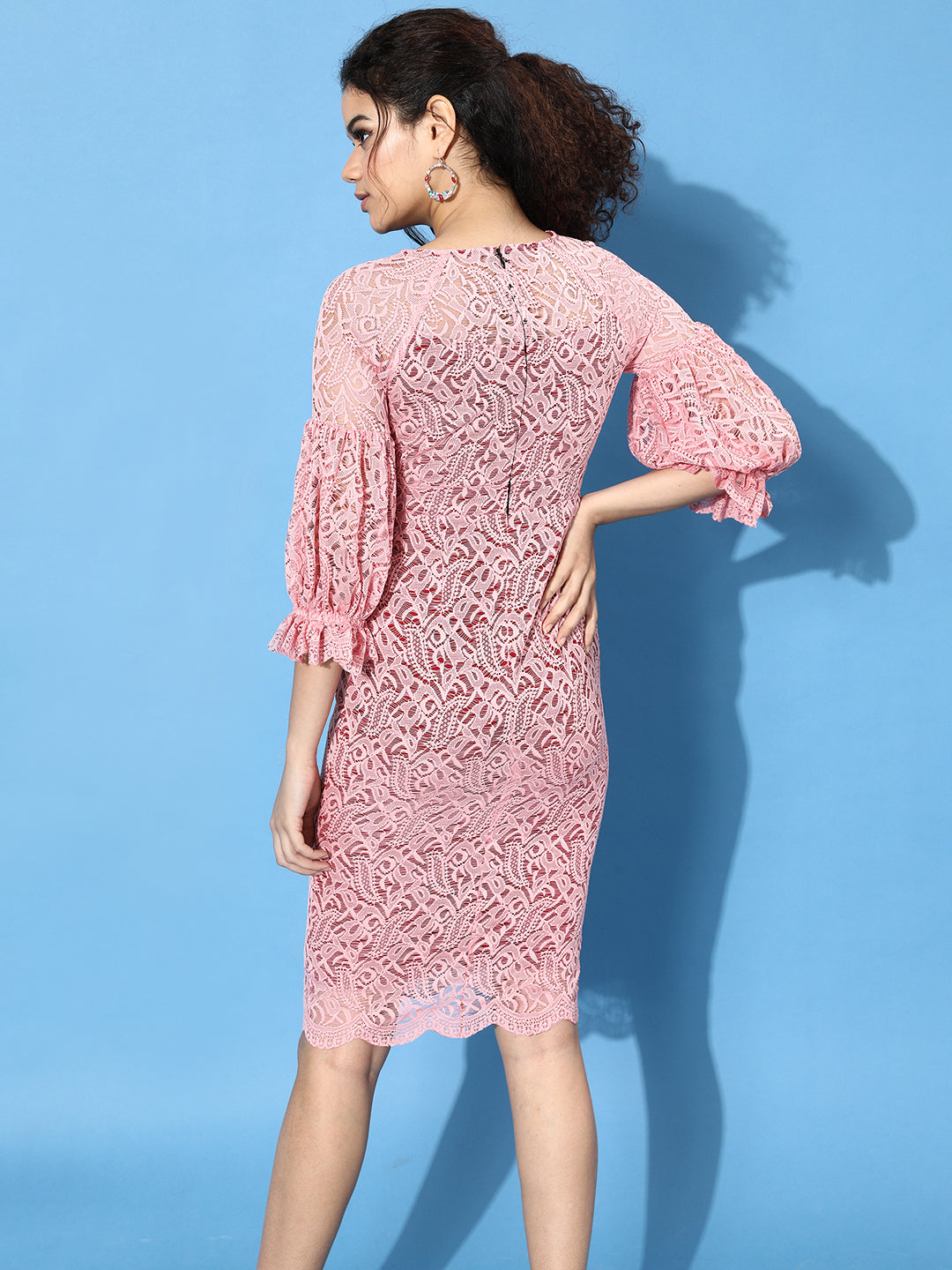 Women's Light Pink Round Neck Puff Sleeve Floral Lace Overlaid Midi Dress