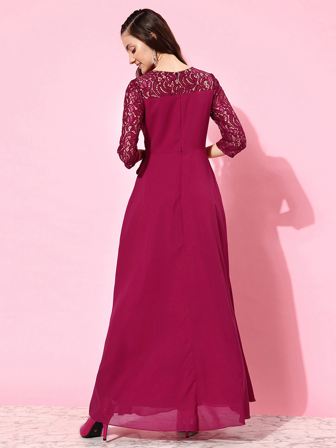 Dark Pink Long Sleeves Lace Wrap Maxi Dress Long Dress Frock for Women 