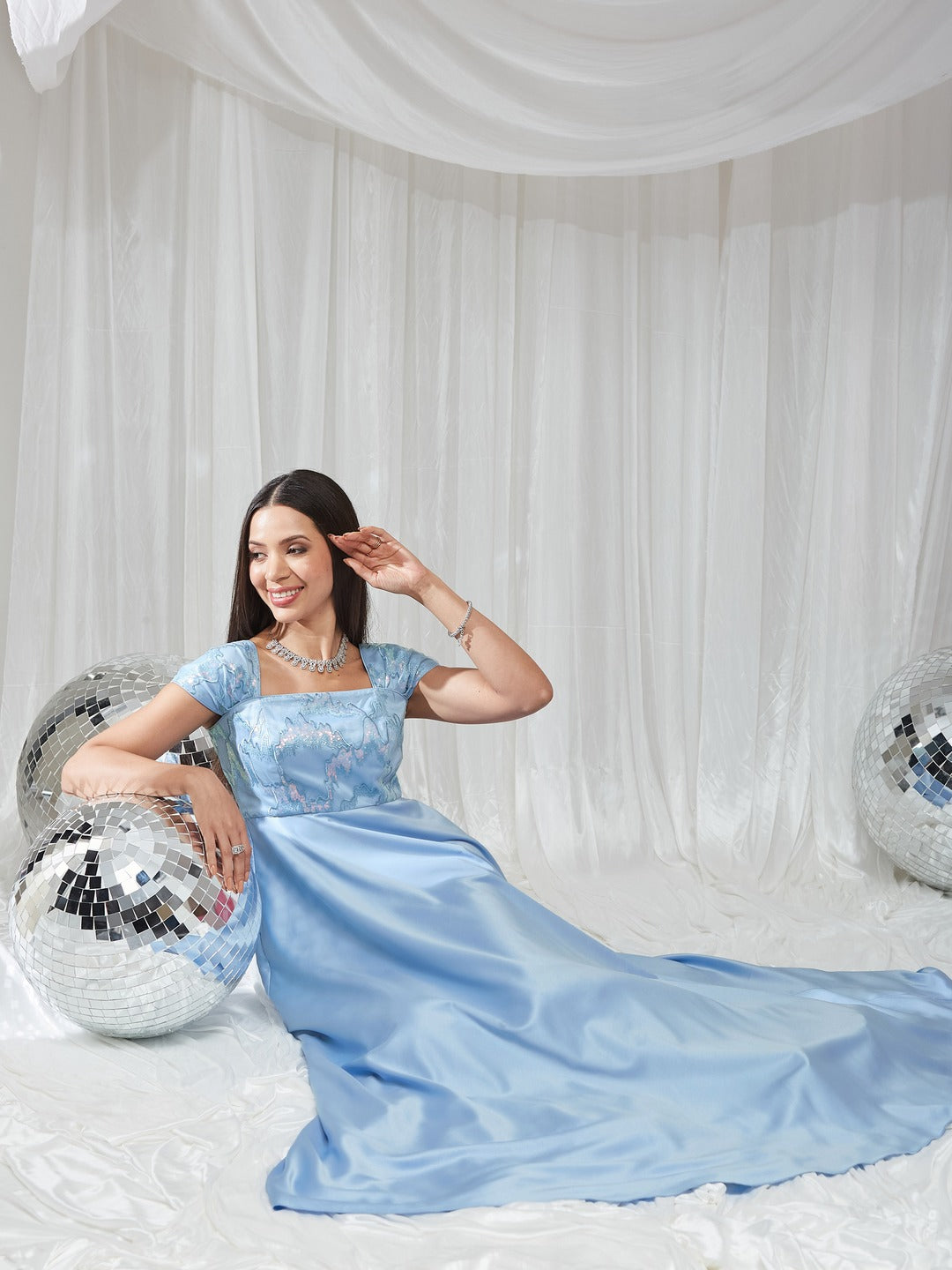 Light Blue Sequinned Cap-Sleeved Satin Maxi Dress for Women