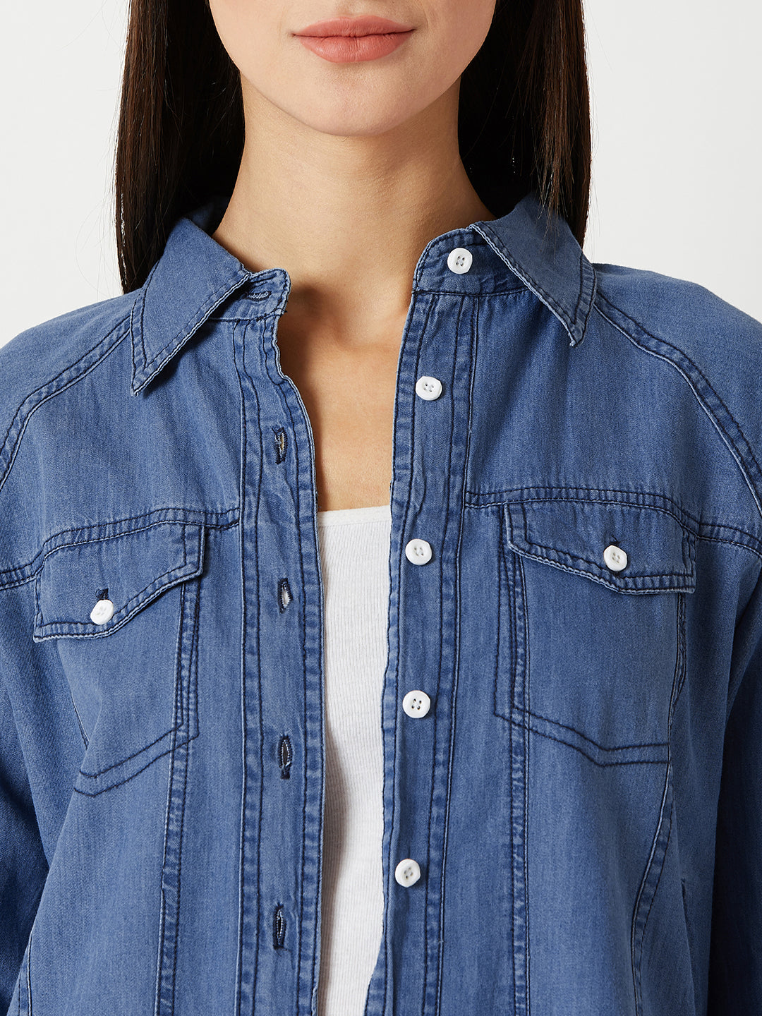 Women's Blue Polo Neck Full Sleeve Twill Tape Detailing Solid Buttoned Bomber Denim Jacket