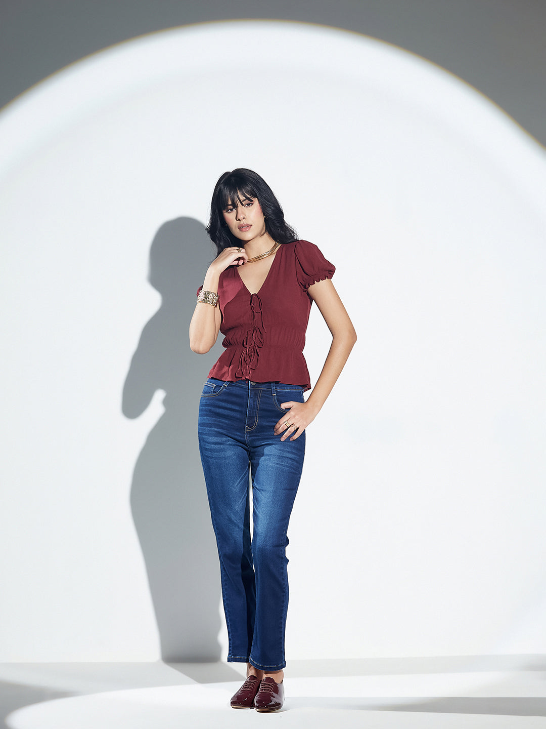 CHASEshape™ Mid-Rise Navy-Blue Semi-Straight-Fit Stretchable Jeans with Whiskering & Dark Wash Finish for Women