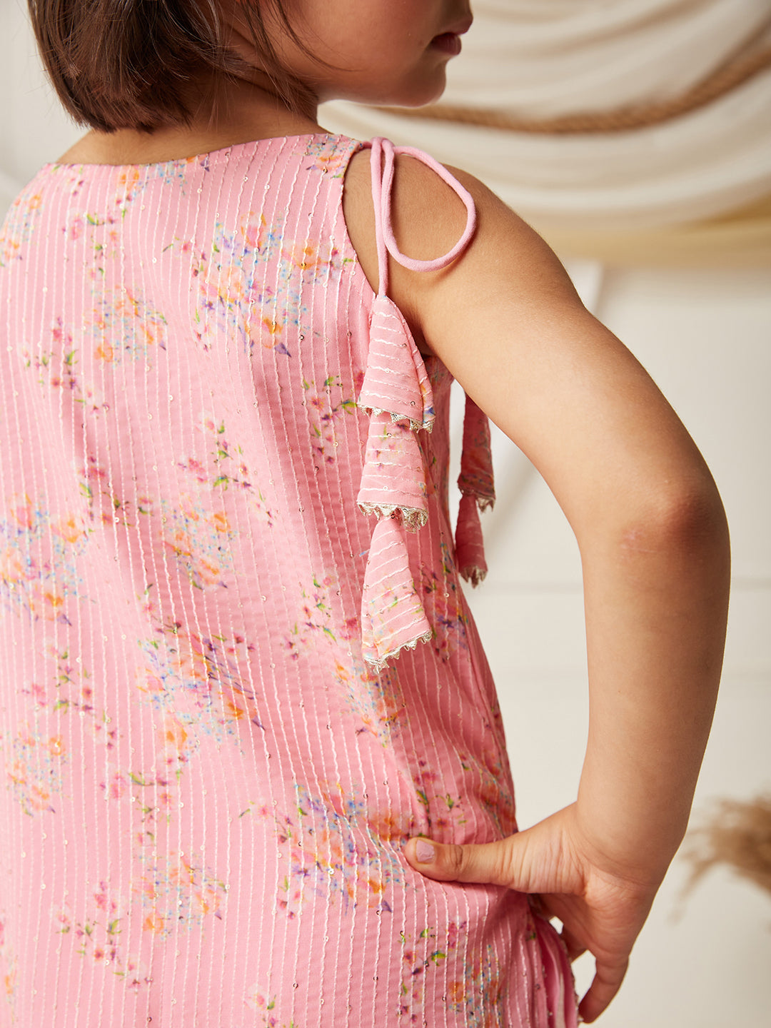 Multicolored-Base-Bubblegum Pink Round Sleeveless Embellished Kurta Set