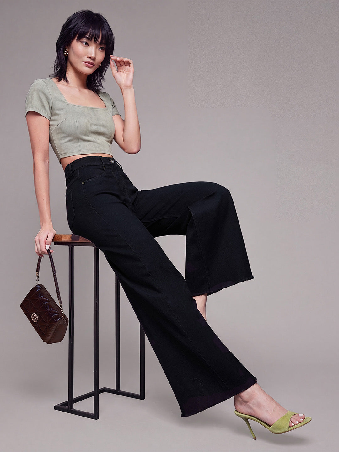 Black High Rise Stretchable Wide Leg Denim Jeans for Women