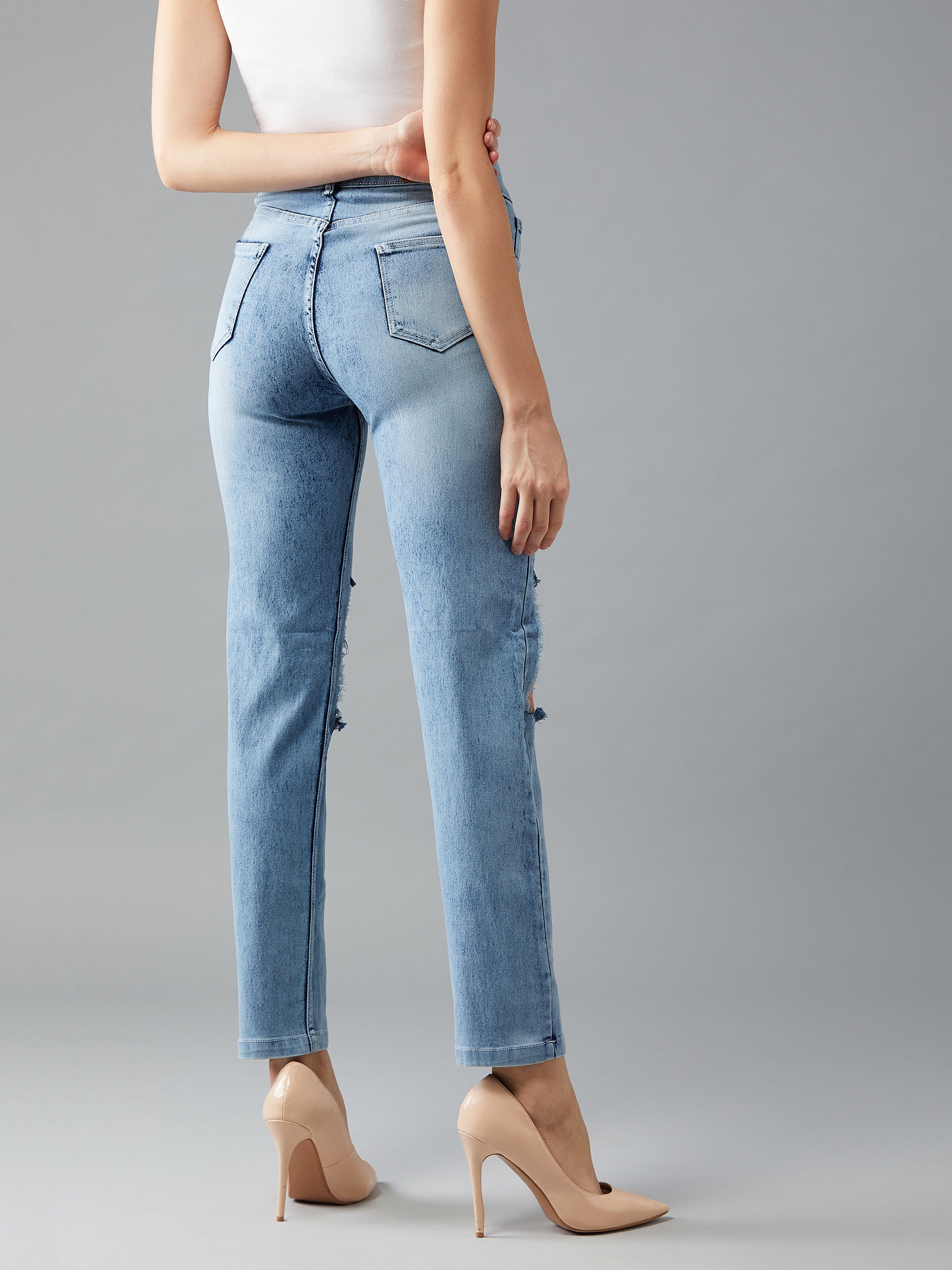 Women's Light Blue Slim Fit High Rise Clean Look Knee cut-out and Eyelet detailing Regular length Stretchable Denim Jeans