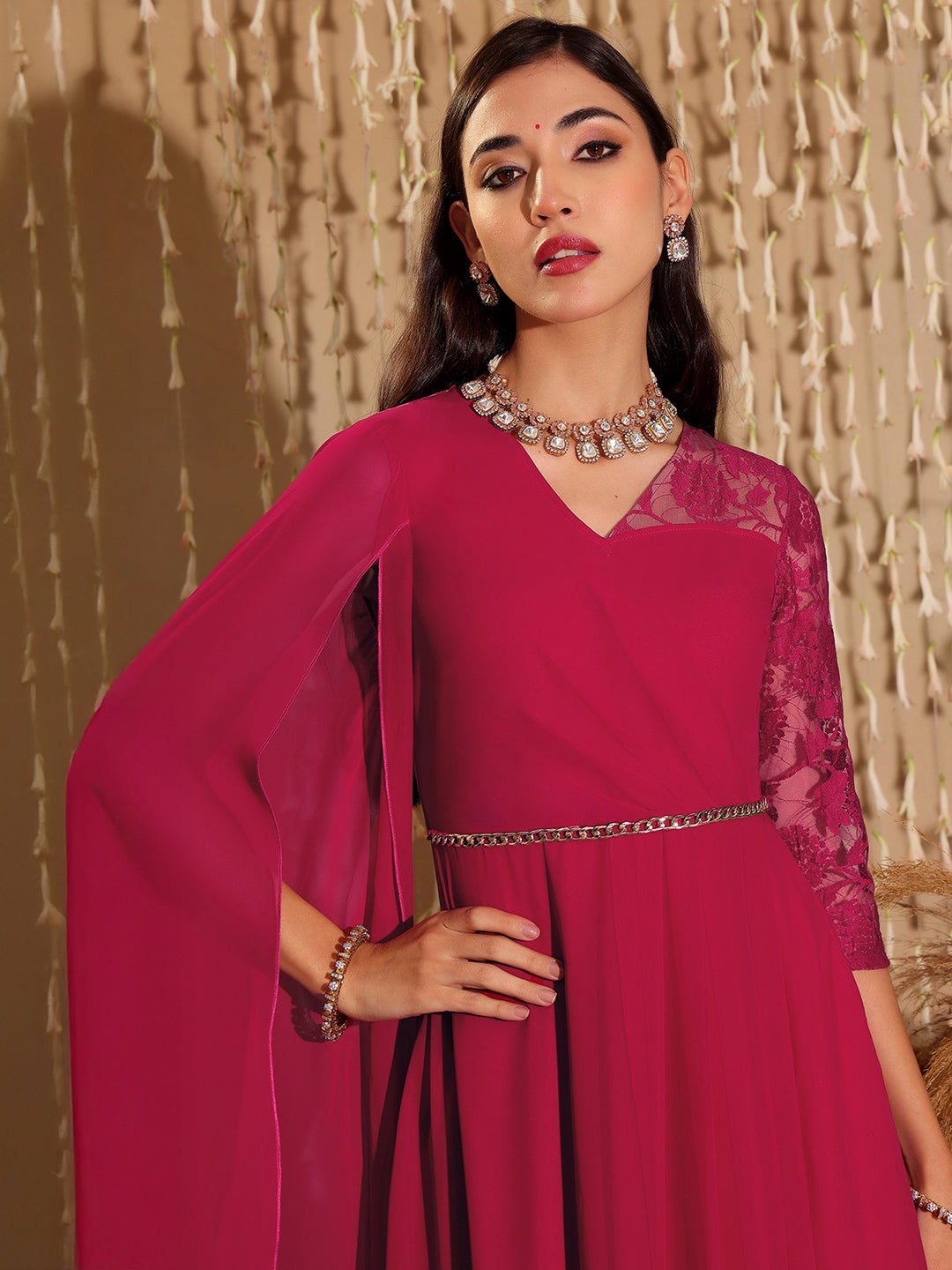 Women's Dark Pink V-Neck Asymmetric Self-Designed Georgette Maxi Dress