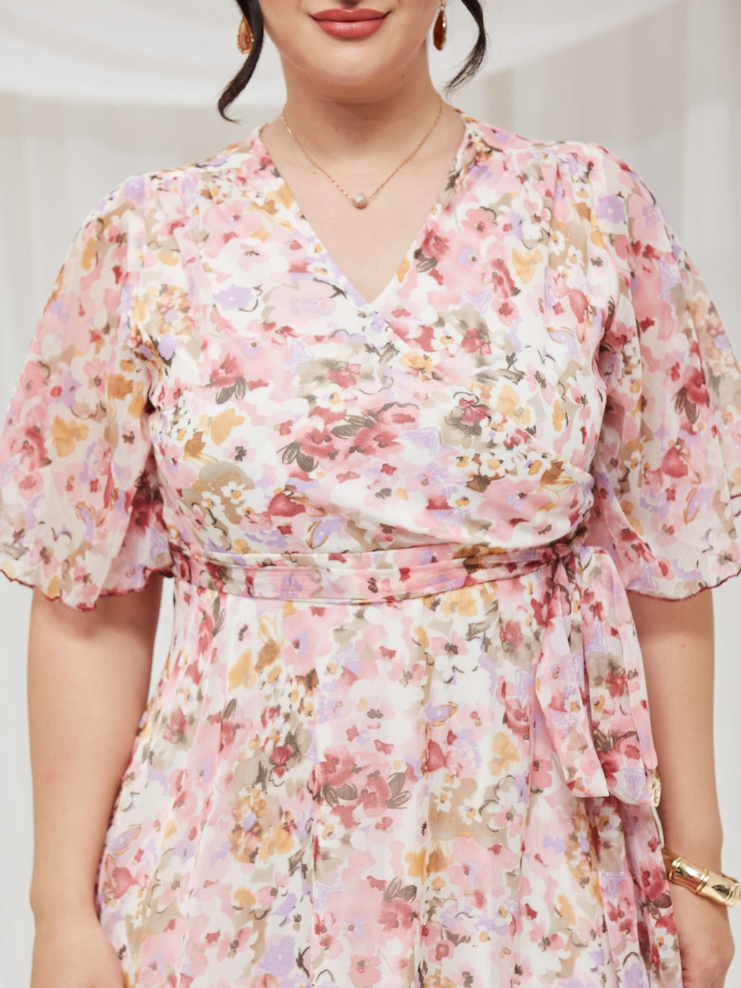 Pink V-Neck Flared Sleeve Floral Wrap Chiffon Maxi Dress for Women — Miss Chase A+