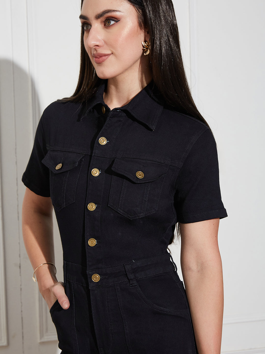 Women's Black Flared High Rise Regular Stretchable Denim Jumpsuit