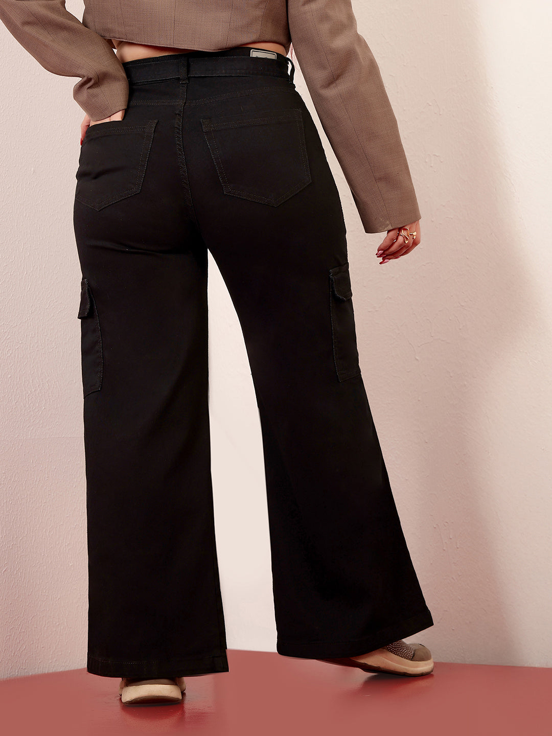 Women's Black Wide-Leg High-Rise Clean-Look Stretchable Denim Jeans