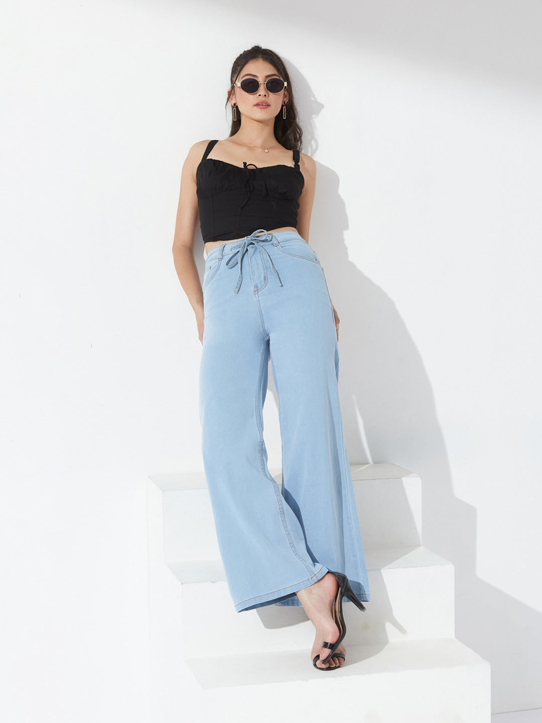 Light Blue High-Rise Wide Leg Stretch Denim Jeans with Tie-Up Waist for Women