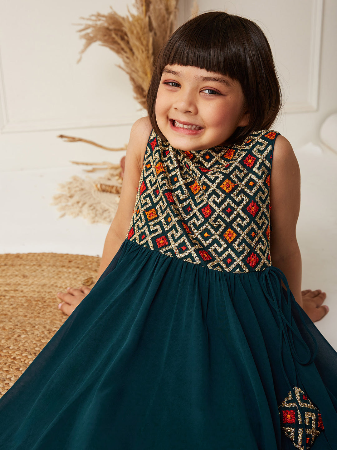 Multicolored-Base-Teal Round-Neck Sleeveless Embroidered Flared Polyester Maxi Dress
