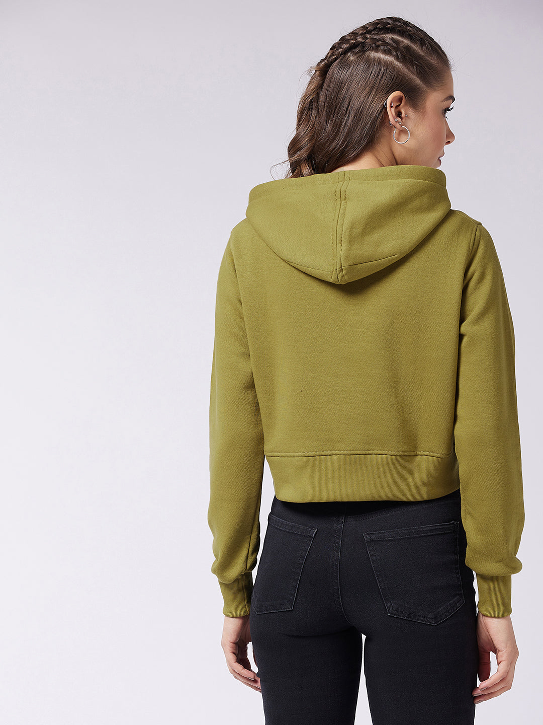 Women's Olive Round Neck Full Sleeve Solid Hooded Crop Sweatshirt