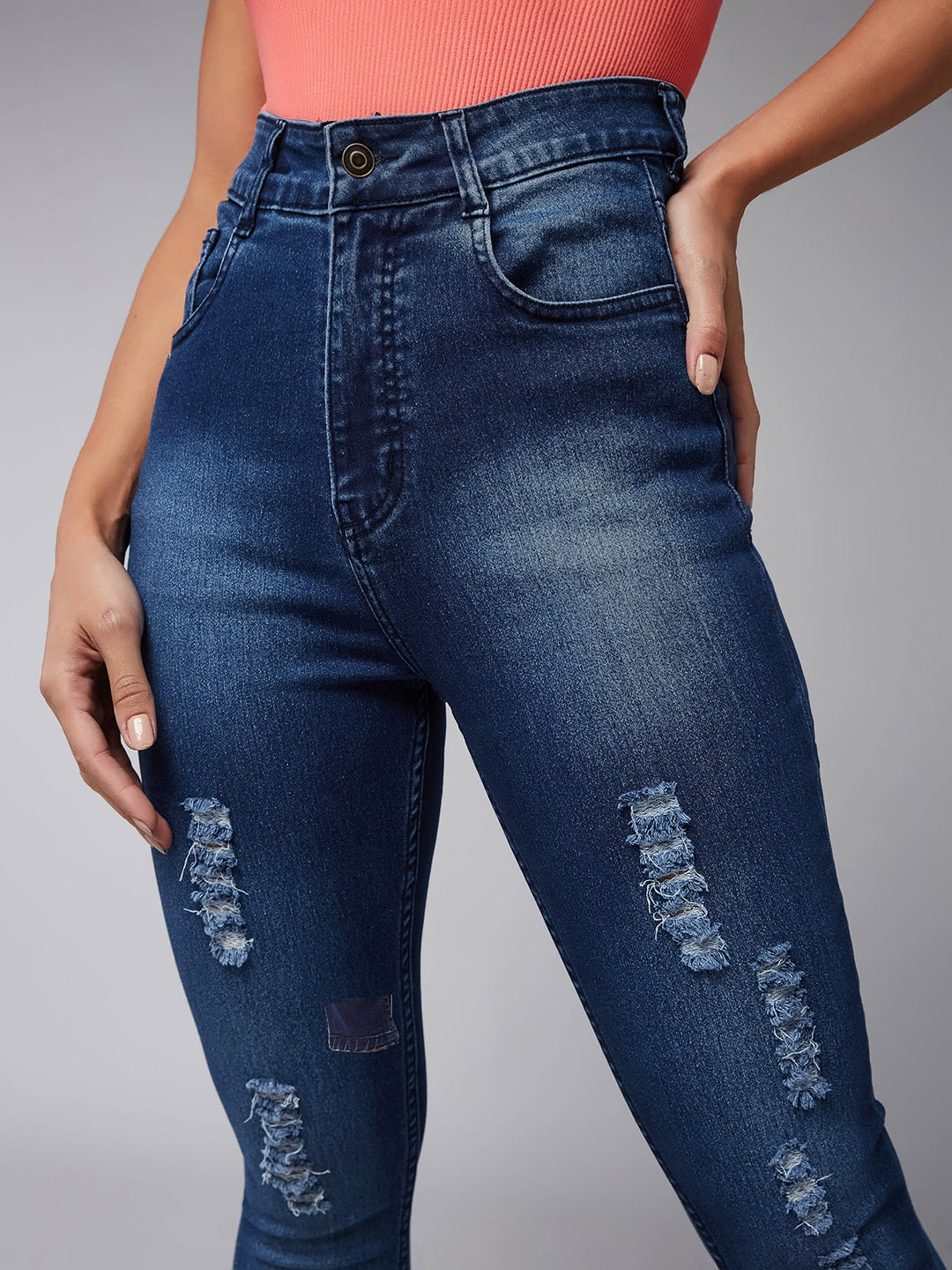 Women's Blue Skinny Fit Mid Rise Mildly Distressed Regular Length Ripped Denim Jeans