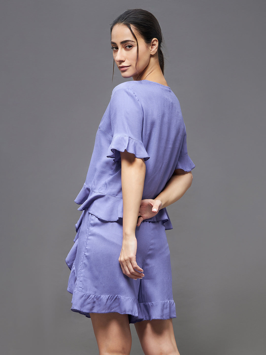 Women's Lavender V Neck Short Sleeve Solid Frill at the hem Short Top & Shorts Sets