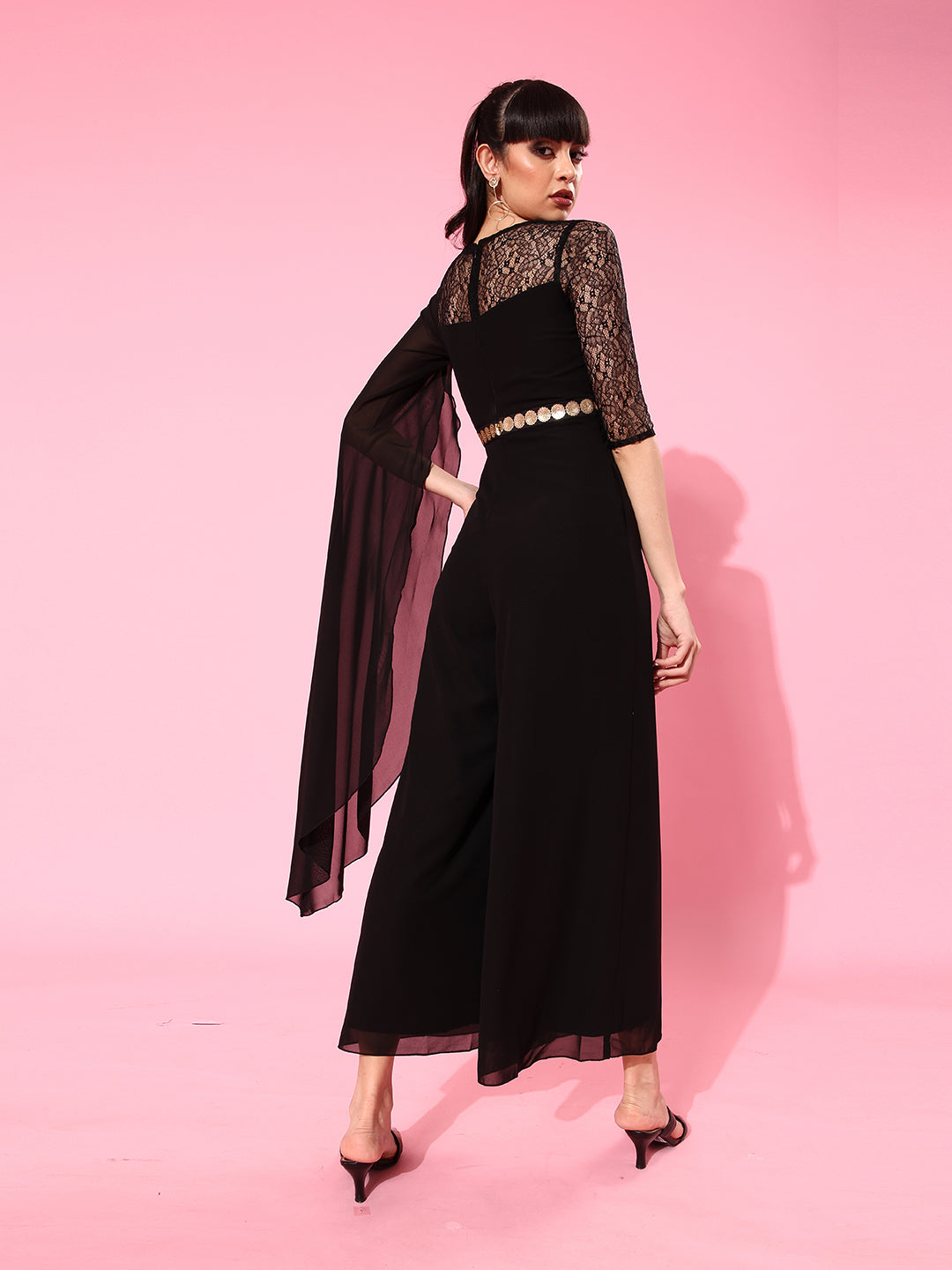 Women's Black & Beige Square Neck Asymmetric Sleeve Self Design Cut-out Regular Jumpsuit