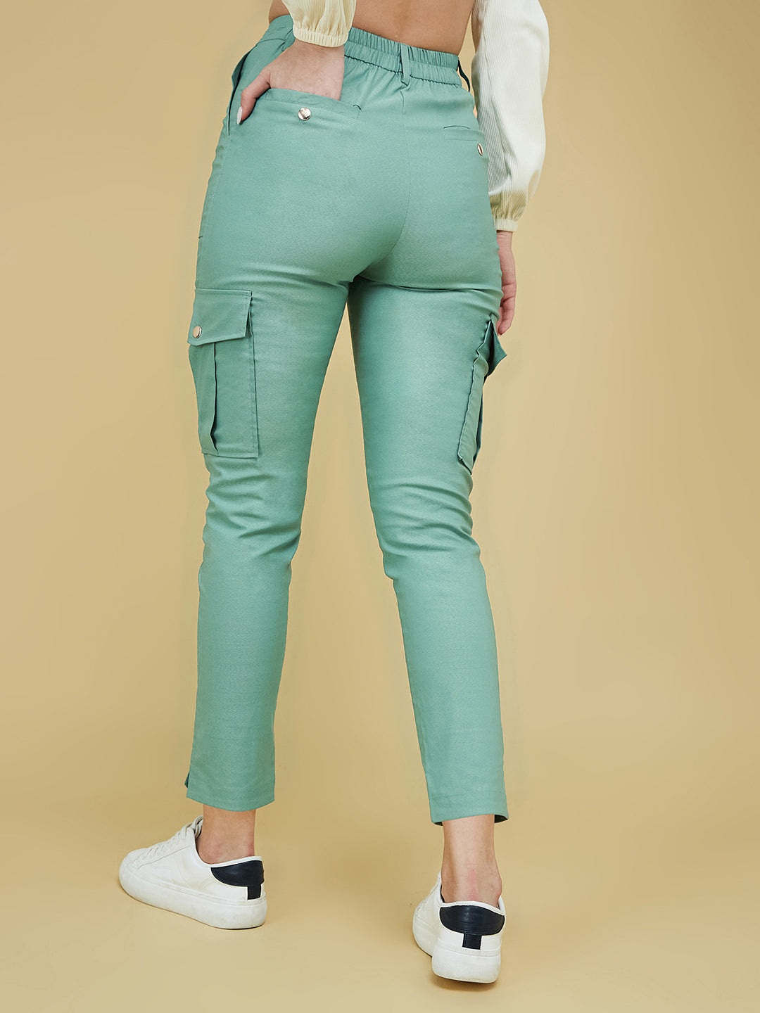 Women's Turquoise Solid Polyester High Waist Regular Length Trouser