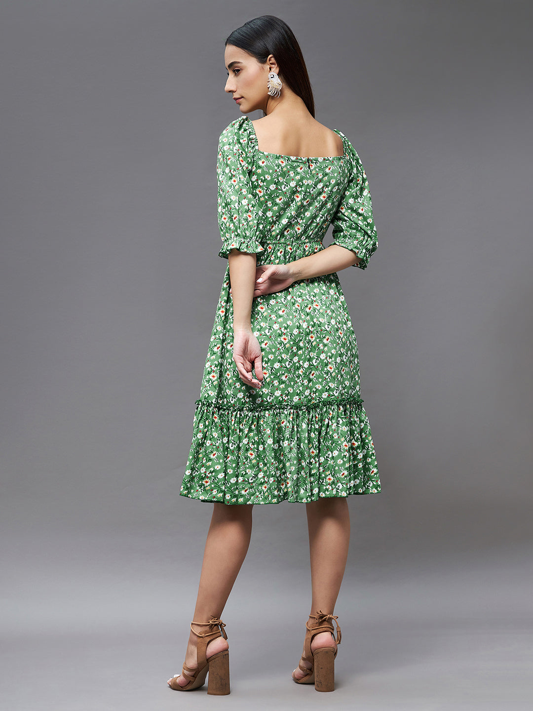 Women's Green Floral Square Neck 3/4 Sleeve Viscose Rayon Ruffled Knee Length Dress