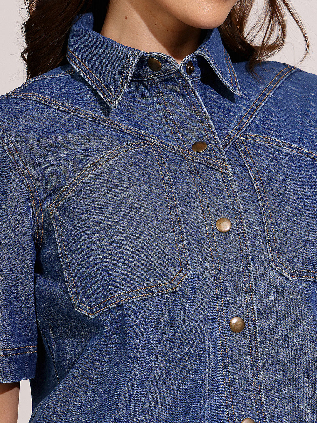 Women's Navy Blue Boxy Denim Shirt