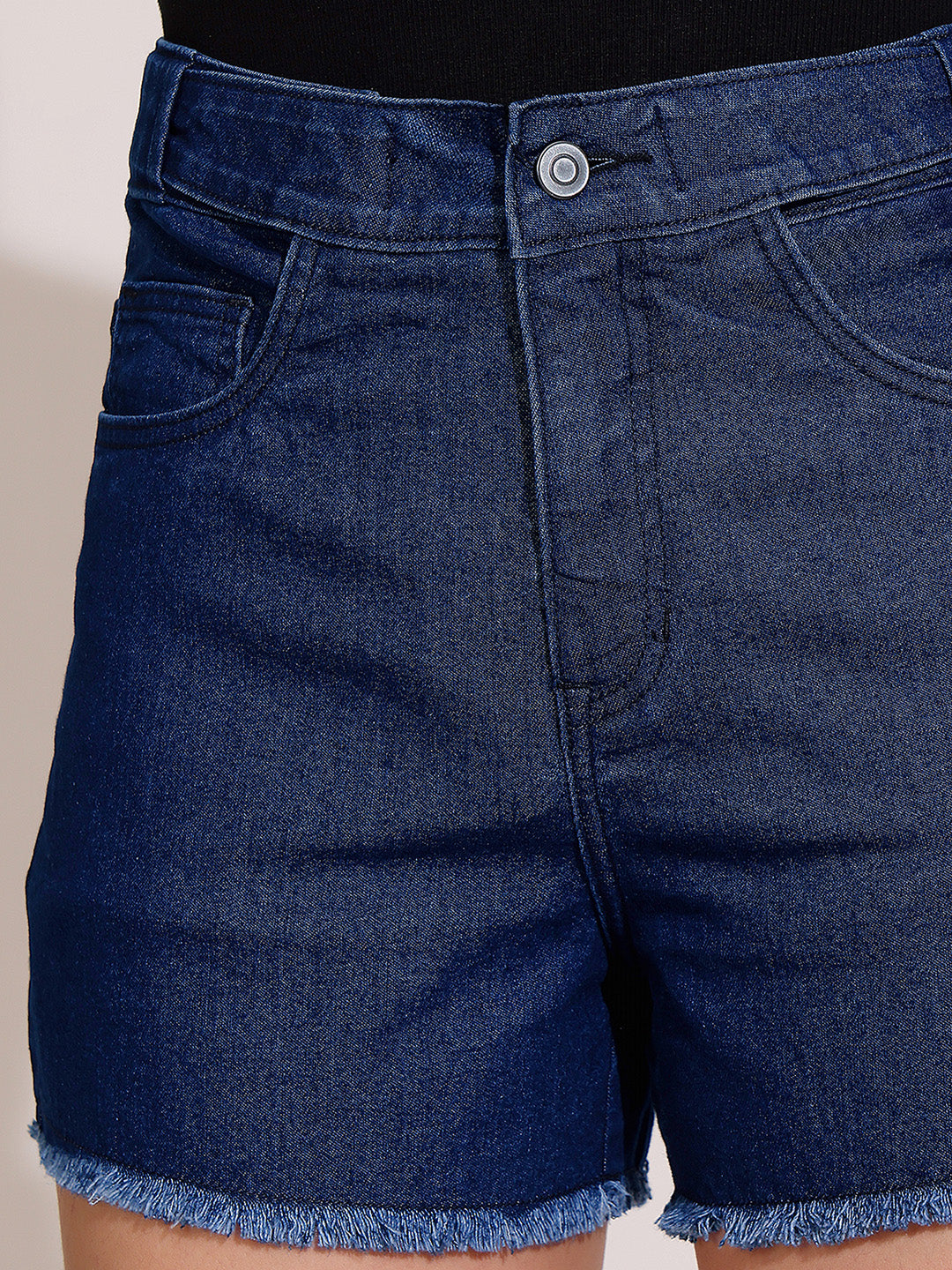 Navy-Blue Relaxed Fit Mid-Rise Denim Shorts with Adjustable Waist & Frayed Hem for Women