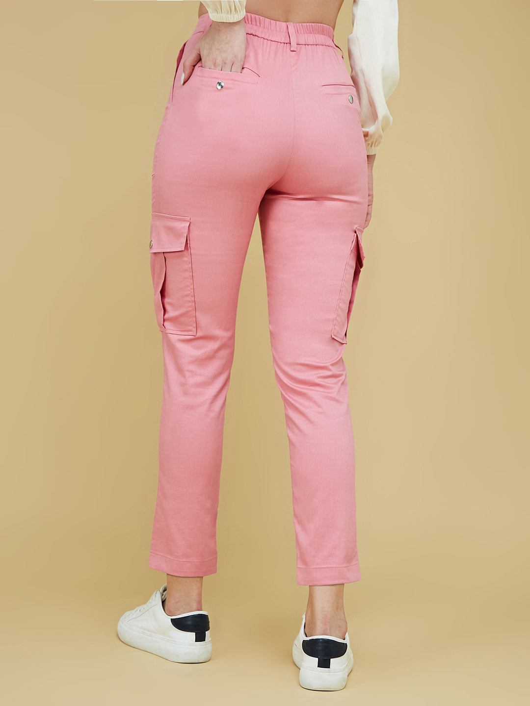 Women's Pink Solid Polyester High Waist Regular Length Trouser