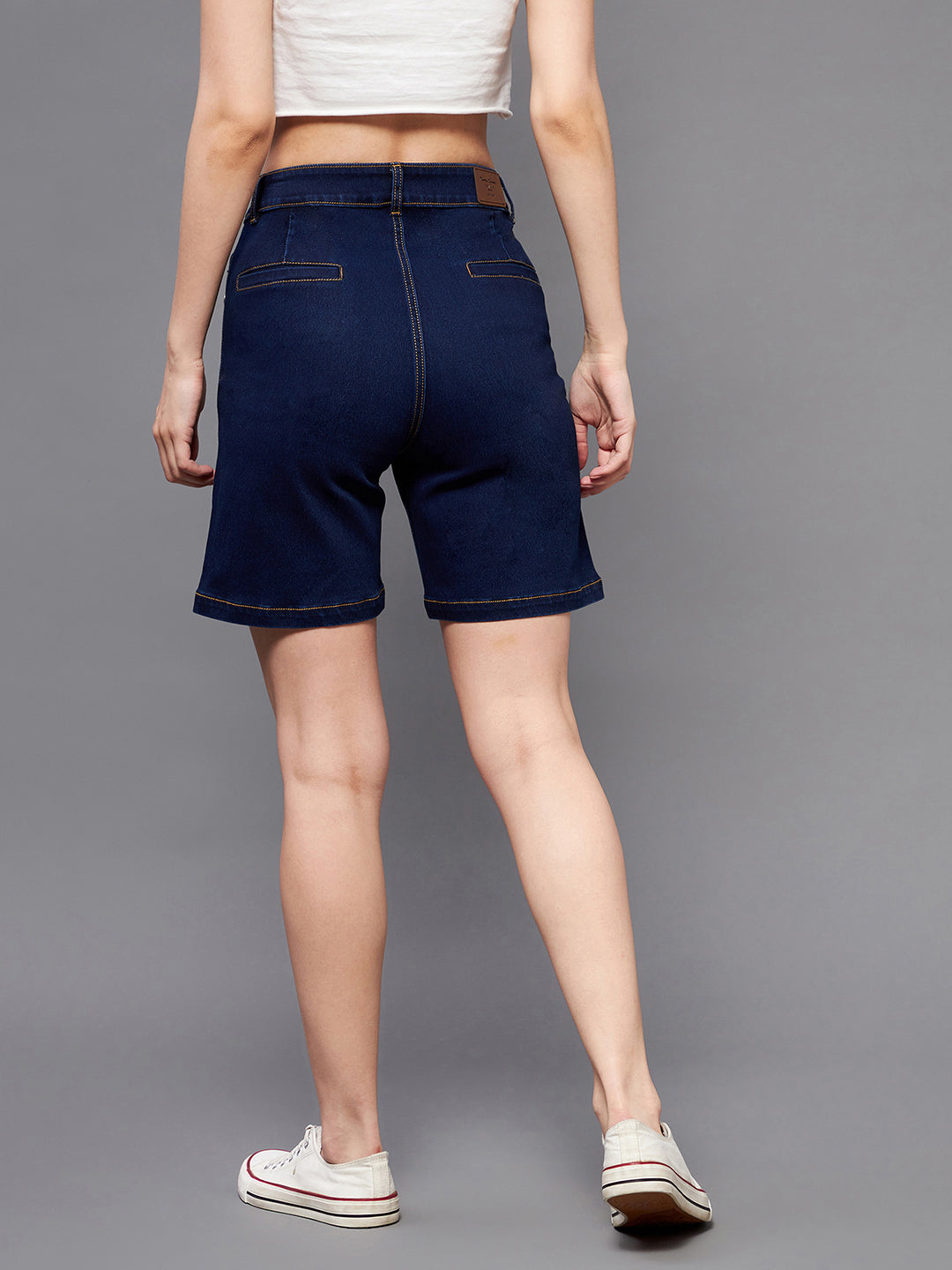 Women's Navy Blue Regular High rise Clean look Above Knee Stretchable Denim Shorts