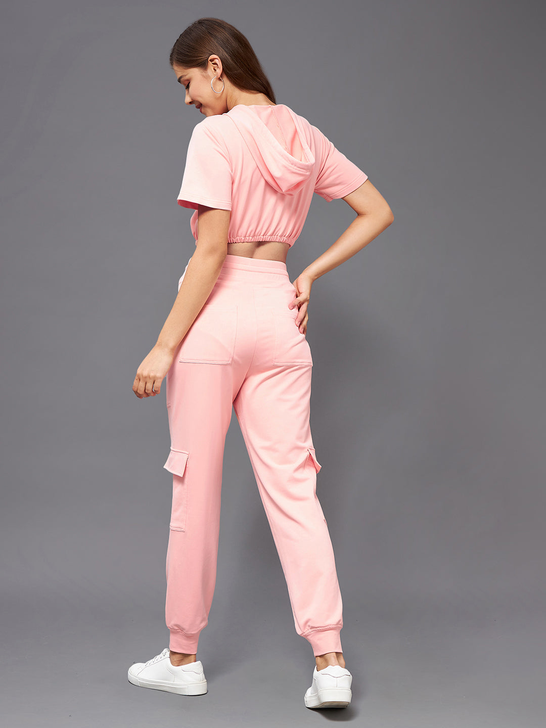 Women's Peach Round Short Polyester Solid Crop Regular  Co-ord Set