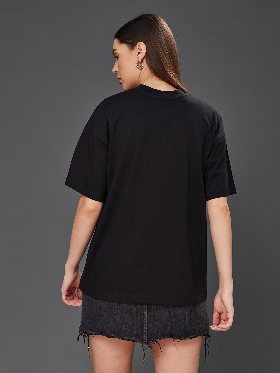 Women's Black Round Neck Half-Sleeve Conversational-Printed Regular-Length Oversized Cotton T-Shirt