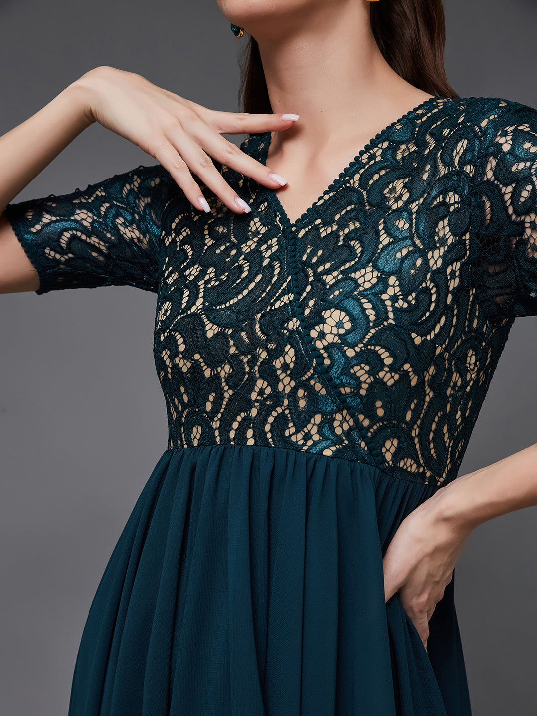 Teal V-Neck Half Sleeve Self Designed Wrap Georgette Maxi Dress for Women — Miss Chase