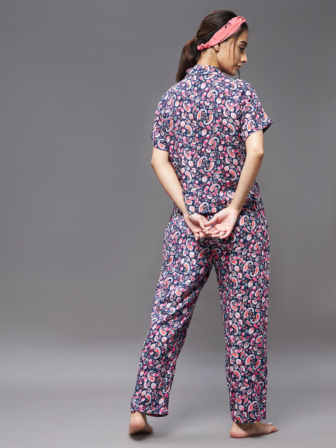 Women's Navy blue and pink V Neck Short Sleeve Printed Shirt collar Regular Top & Pajama Set