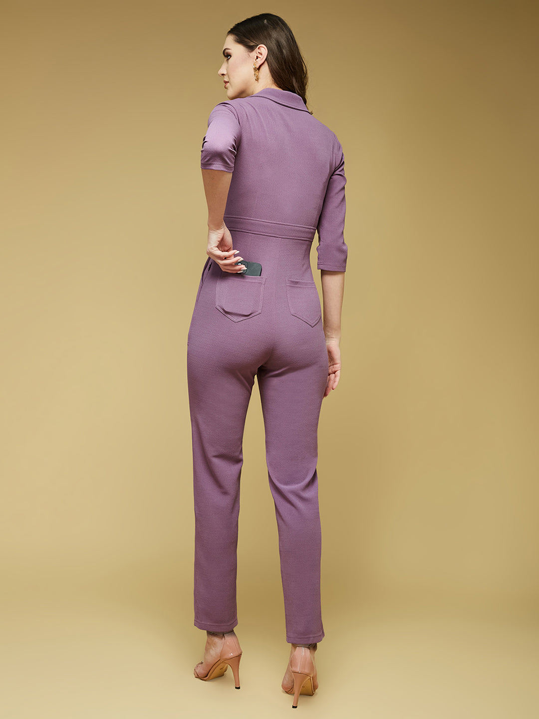 Women's Dark Lavender Collared 3/4 Sleeve Solid Straight Leg Regular Jumpsuit