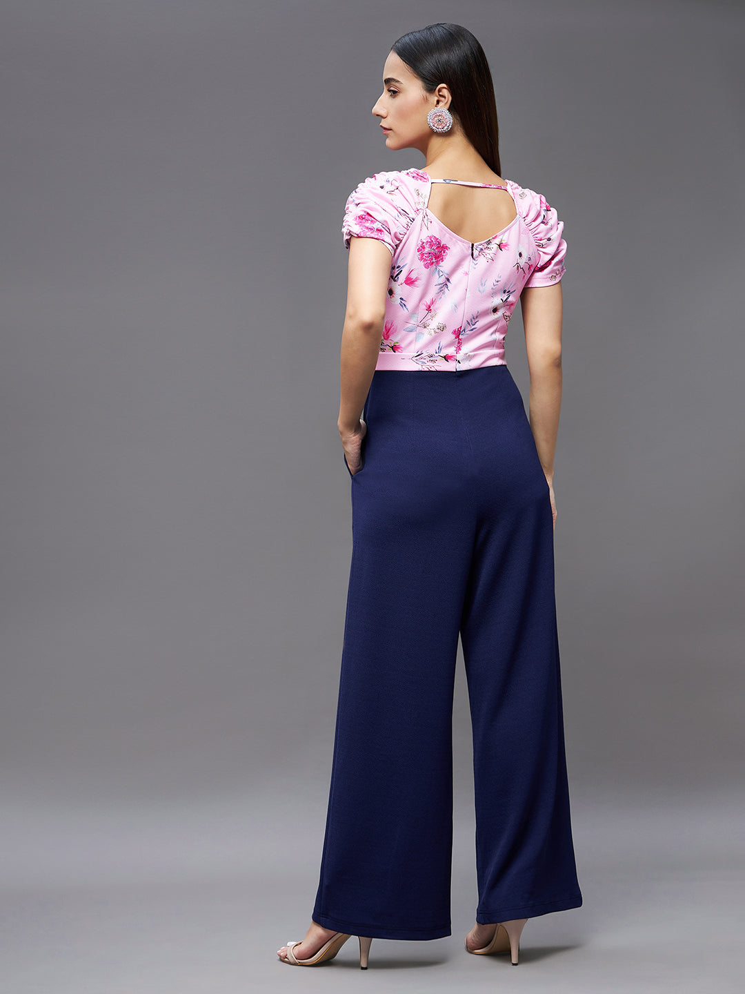 Crease Ease Women's Pink & Navy Blue Cowl Neck Raglan Ruched Sleeve Floral Wide Leg Regular Jumpsuit