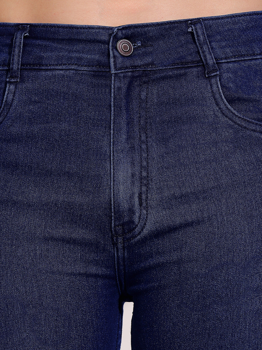 Women's Navy Blue Skinny Fit Mid Rise Cropped Length Side Slit Denim Stretchable Jeans