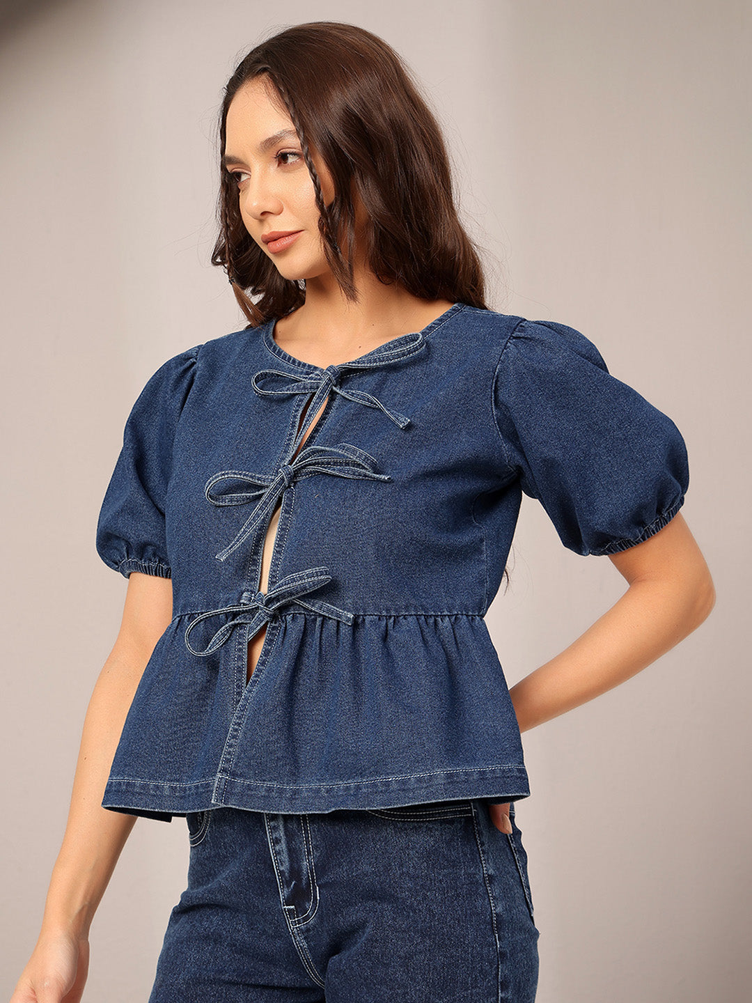 Women's Dark Blue Round Neck Puff Sleeve Solid Denim Peplum Top