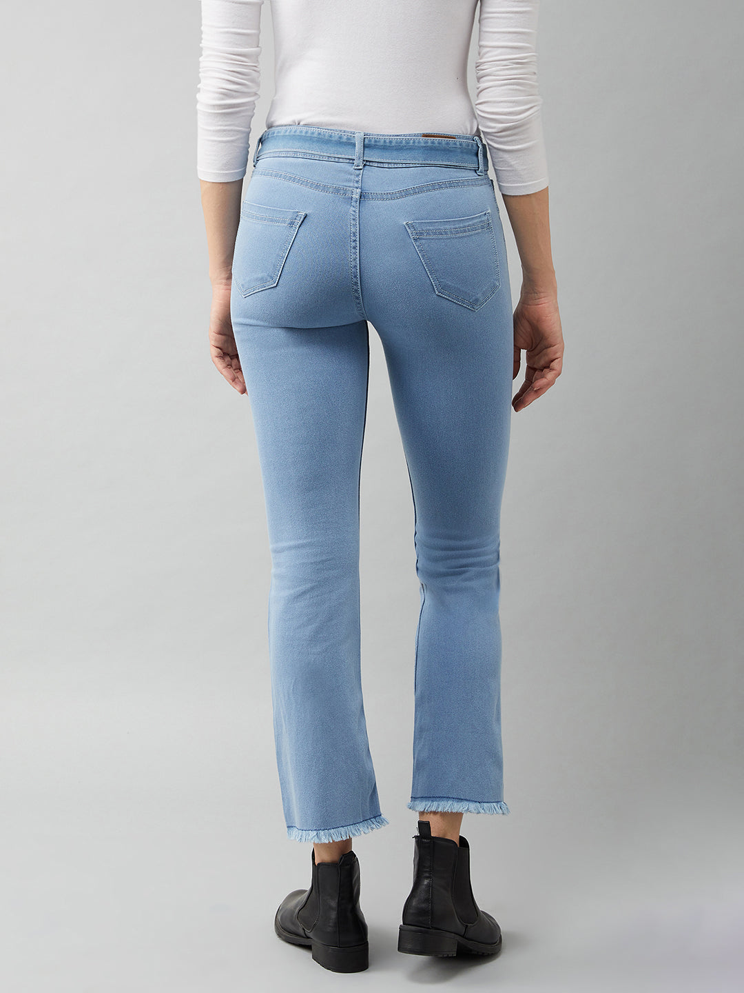 Light Blue Cotton Bootcut Cropped High Rise Stretchable Denim Jeans for Women
