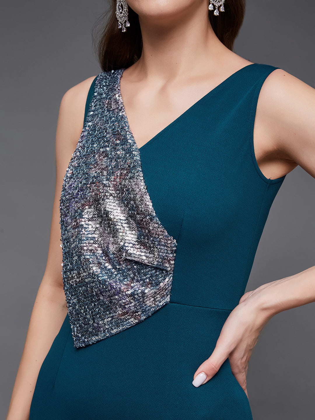 Teal V-Neck Sleeveless Embellished Straight-Leg Regular-Length Polyester Jumpsuit for Women