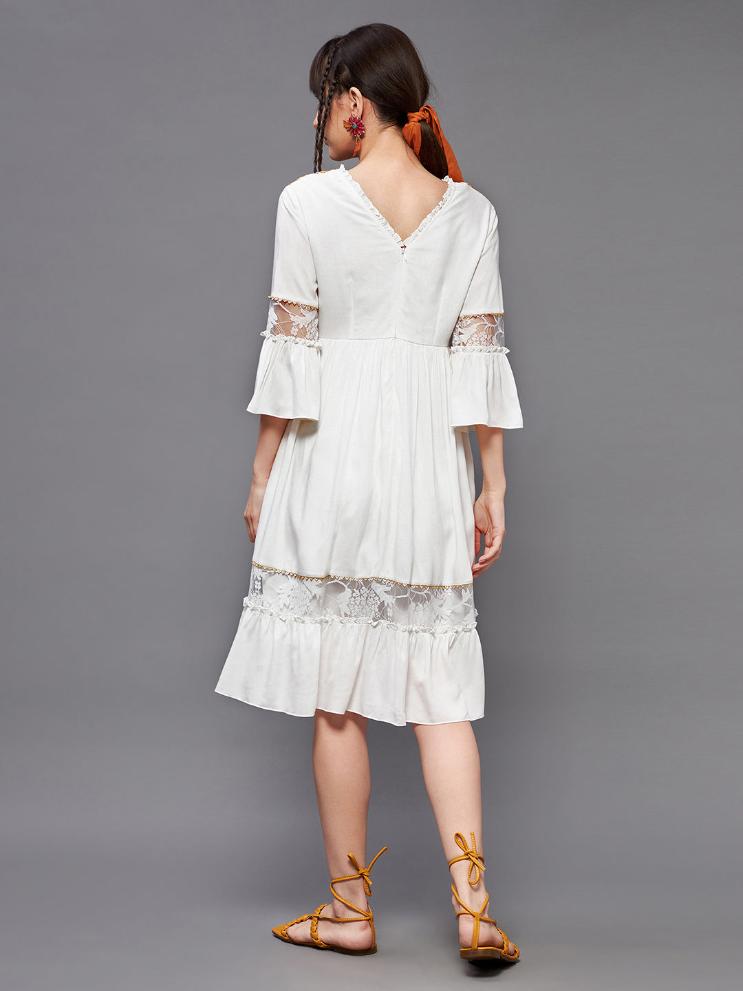 Women's Off-White Square Neck Ruffled Sleeve Viscose Rayon Embroidered Jacket Paneled Midi Dress