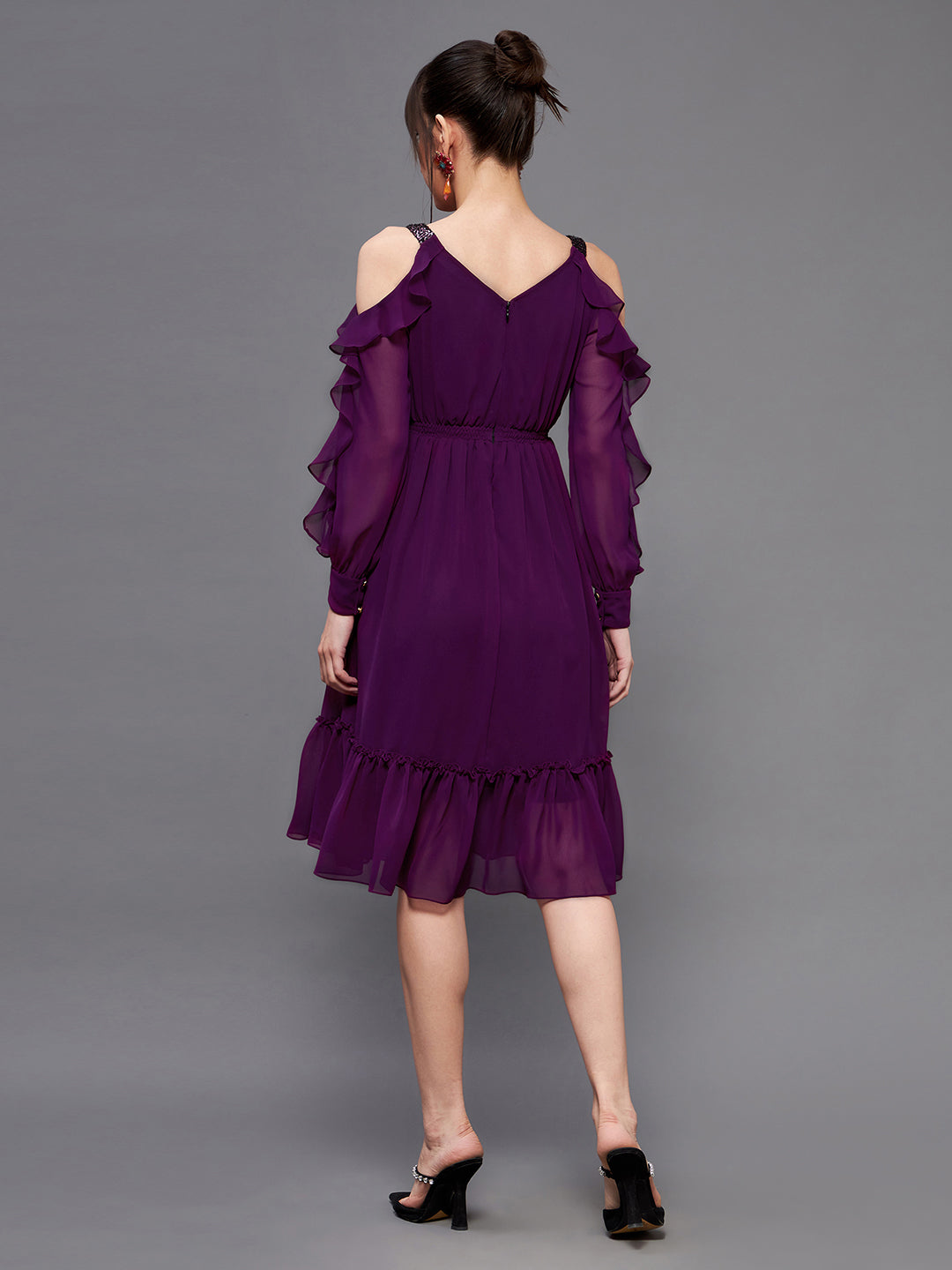 Women's Dark Purple Solid Round Neck Full Sleeves Polyester Ruffled Knee Length Dress