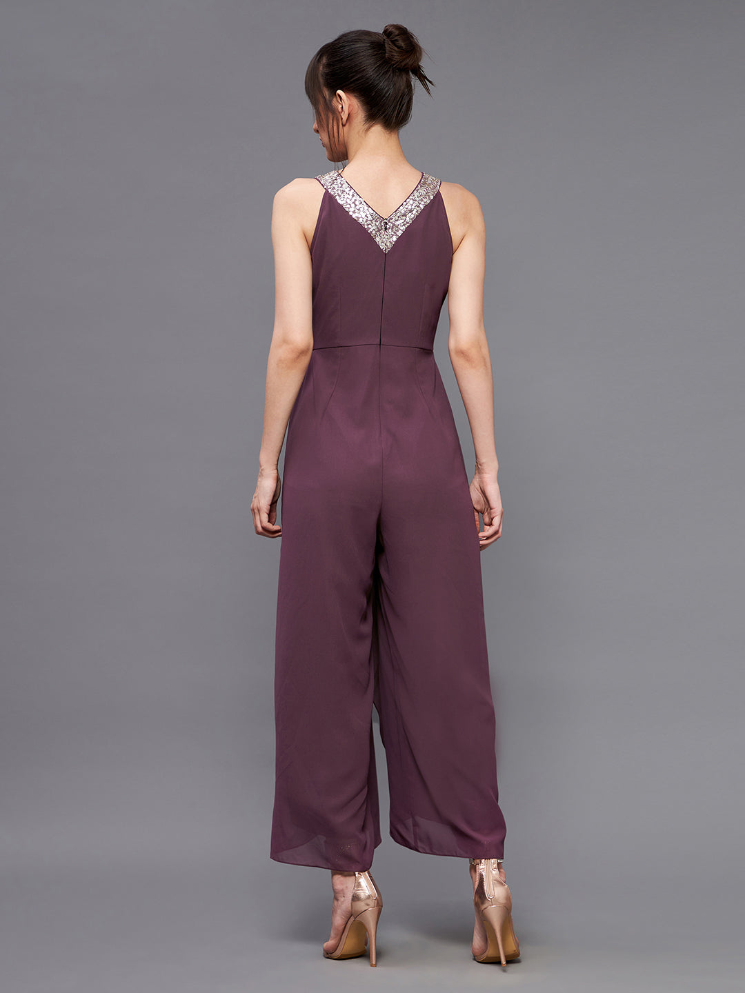 Women's Mauve Halter Sleeveless Sequined Pleated Layered Party Jumpsuit