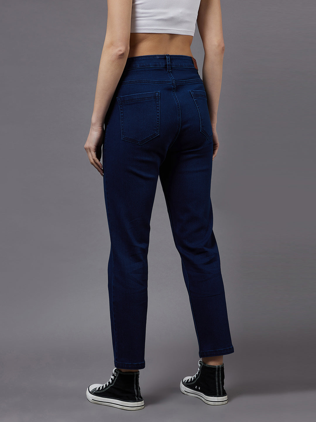 Women's Navy Blue Tapered Fit High Rise Stretchable Denim Jeans