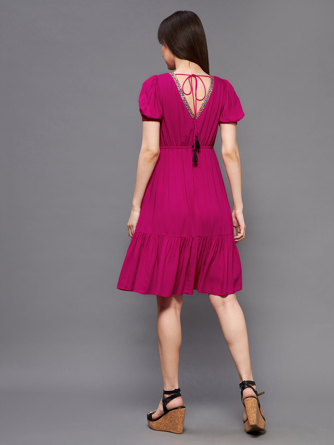 Women's Dark Pink Square  Puff Sleeve Viscose Rayon Embroidered Lace Overlaid Knee-Long Dress