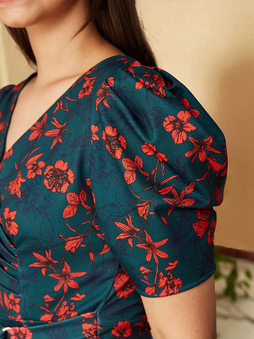 Multicolored-Base-Teal V-neck Puff Sleeve Floral Wrap Midi Dress for Girls/Teenagers for Women — Mizuki