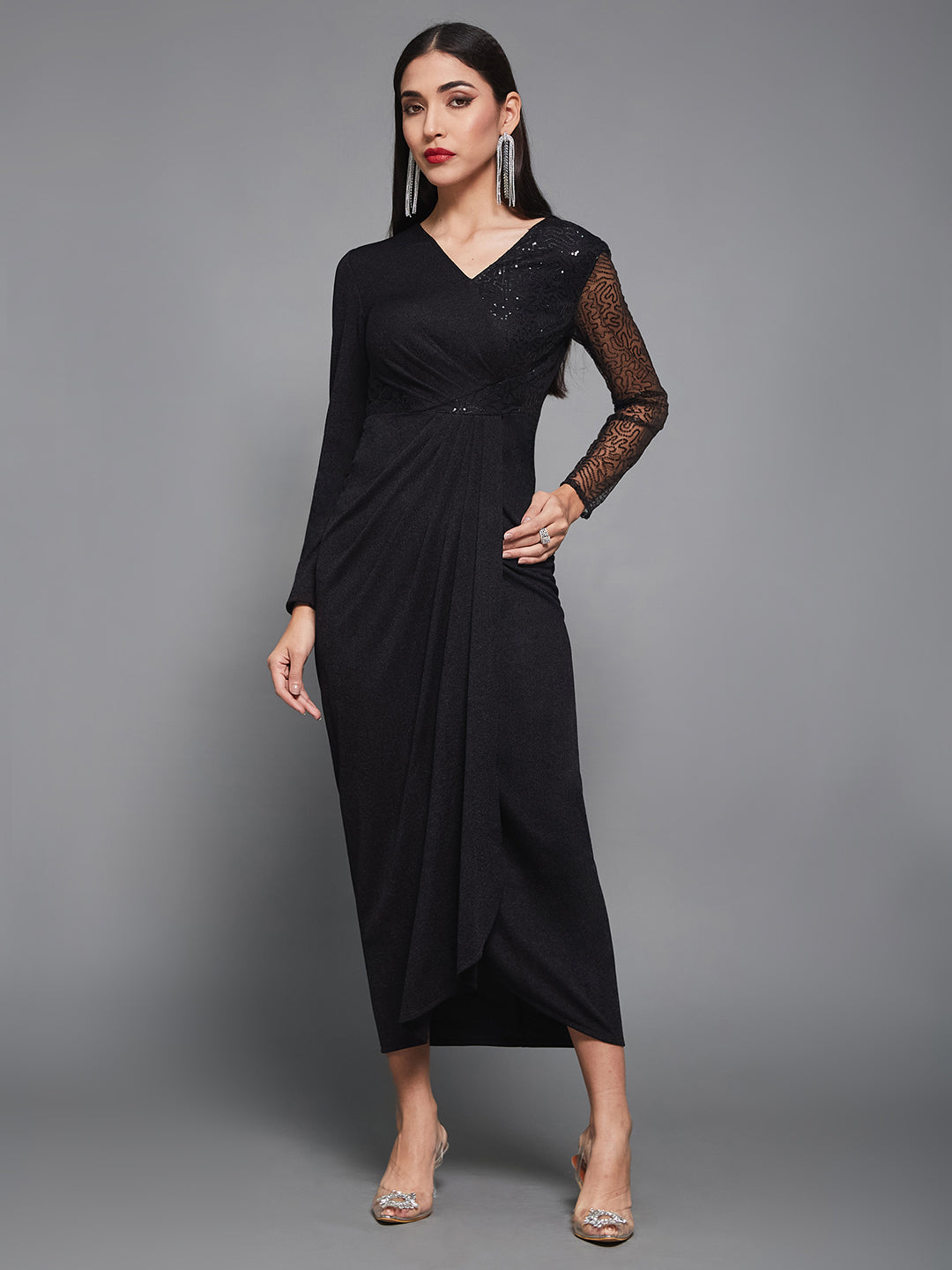 Women's Cocktail Black Embellished Maxi Sequined Pleated Party Dress