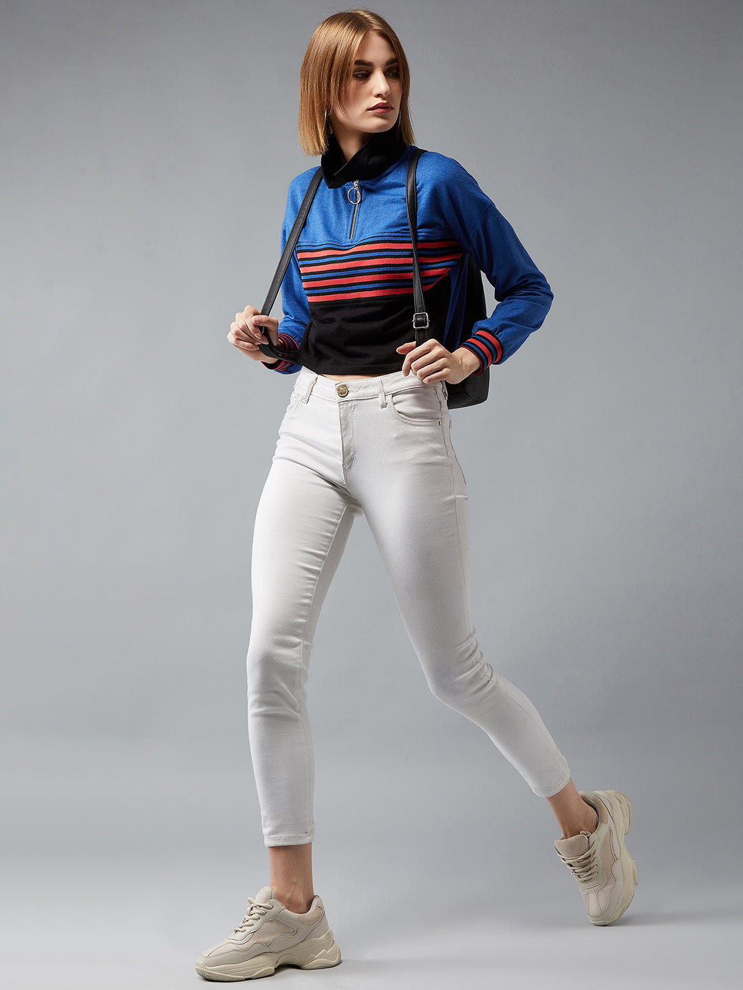 Women's Multicolored- Base- Azure Blue Collared Full Sleeves Loopknit, Rib Striped Color-Block Boxy Cropped Sweatshirt