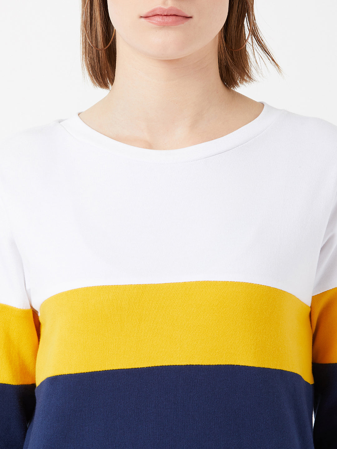 Women's Multicolored With A Navy Blue Base Round Neck Full Sleeves Cotton Solid Color block Paneled Boxy Sweatshirt