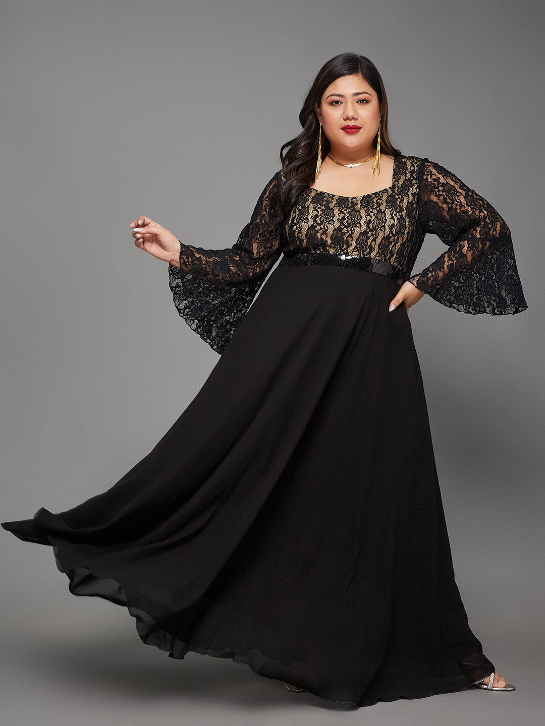 Black Sweetheart-Neck Full Sleeve Floral Lace-Overlaid Georgette Maxi Dress for Women