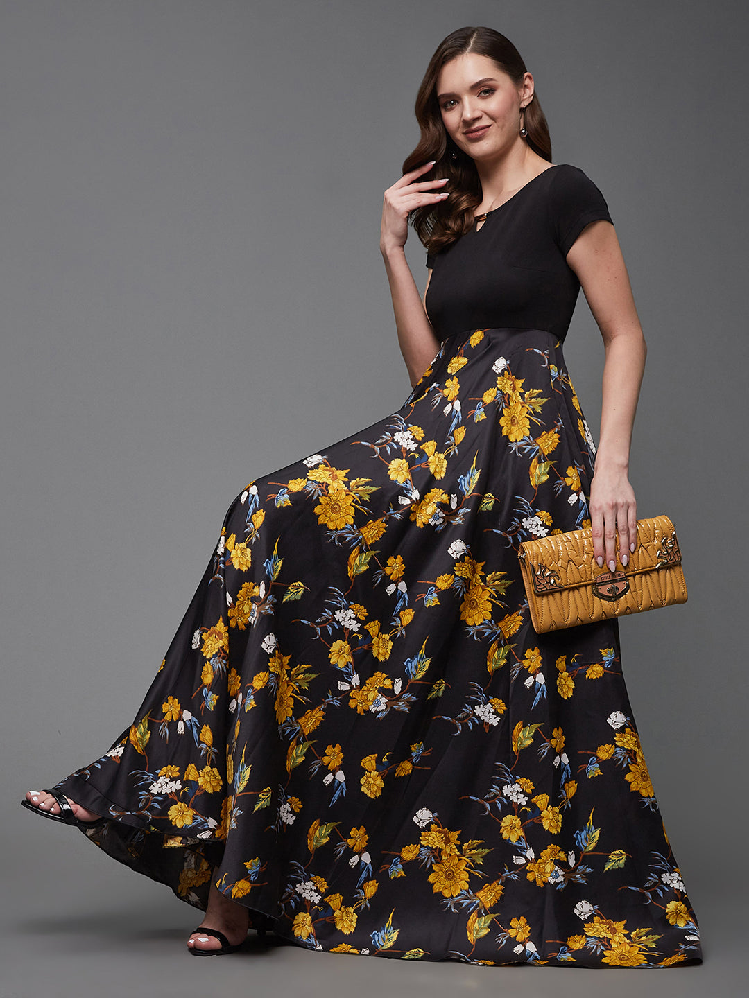 Women's Multicolored-Base-Black Keyhole Neck Short Sleeve Floral Polyester Fit & Flare Maxi Dress