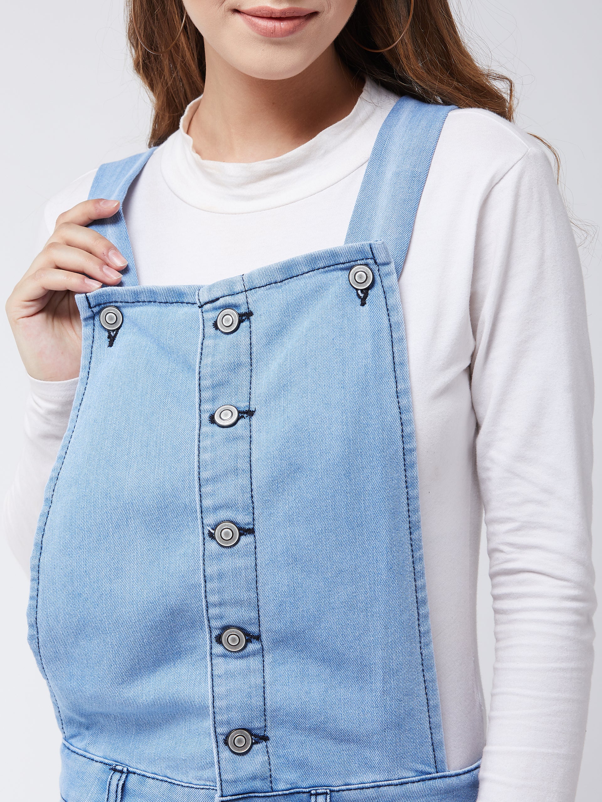 Women's Light Blue Regular Fit Mid Rise Mini Solid Denim Dungaree