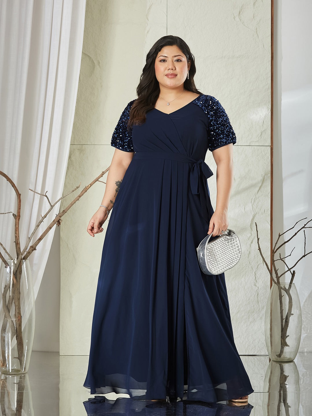 Navy Blue Relaxed Fit Maxi Georgette Dress for Women