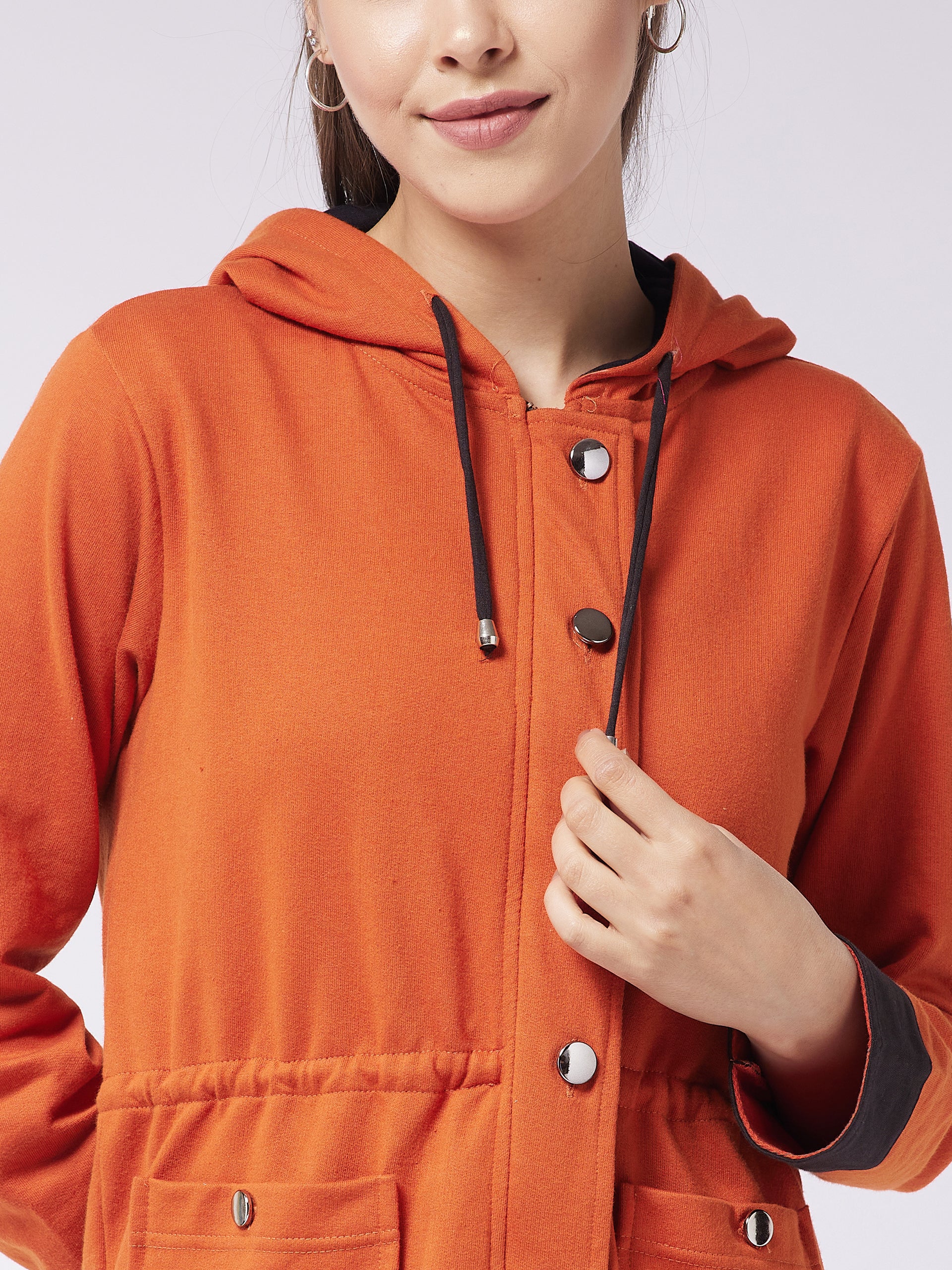 Women's Multicolored-Base-Rust Hooded Full Sleeve Solid Waist Tie-Up Regular Jacket