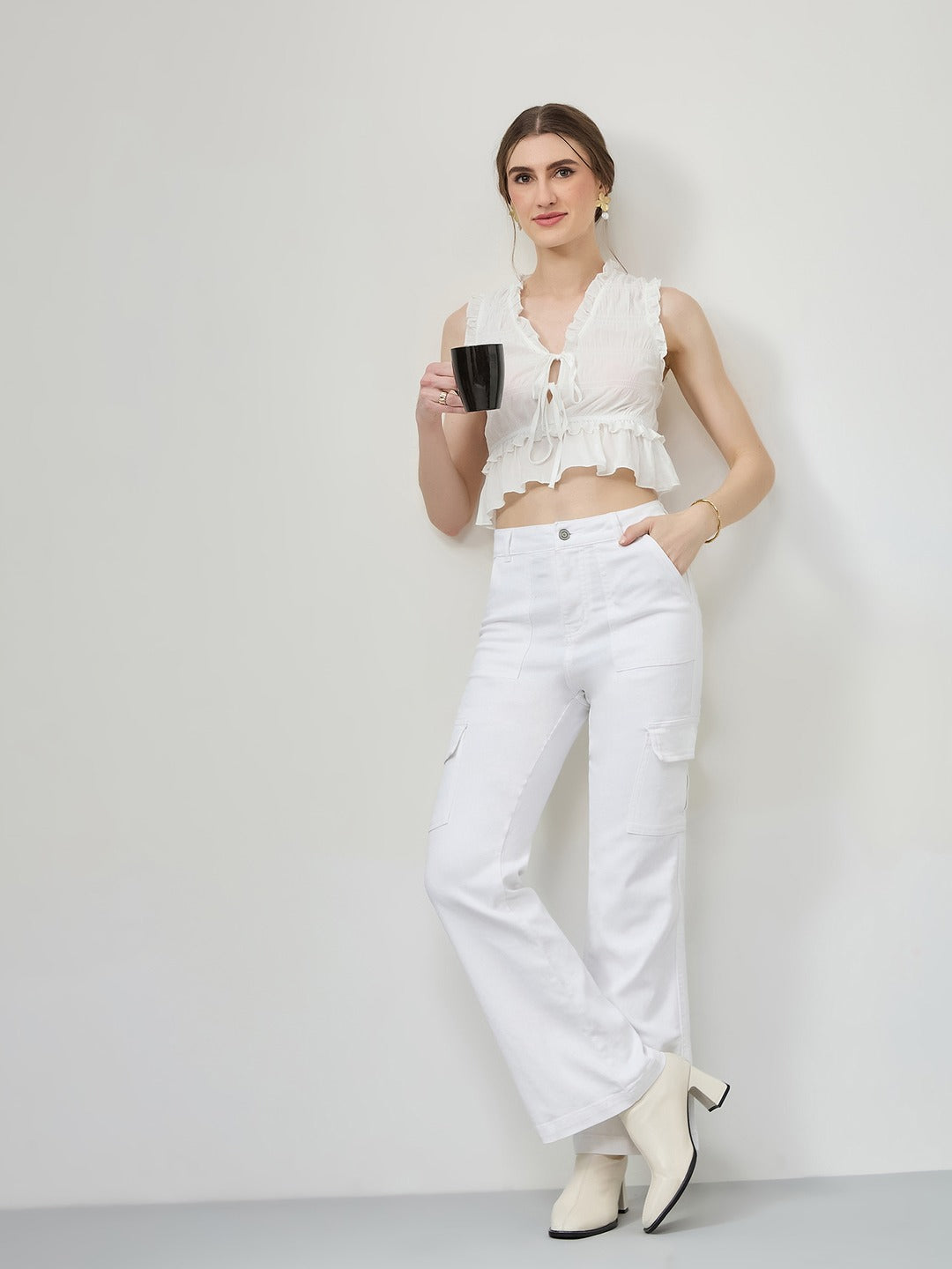 White Wide-Leg High-Rise Stretchable Denim Jeans for Women