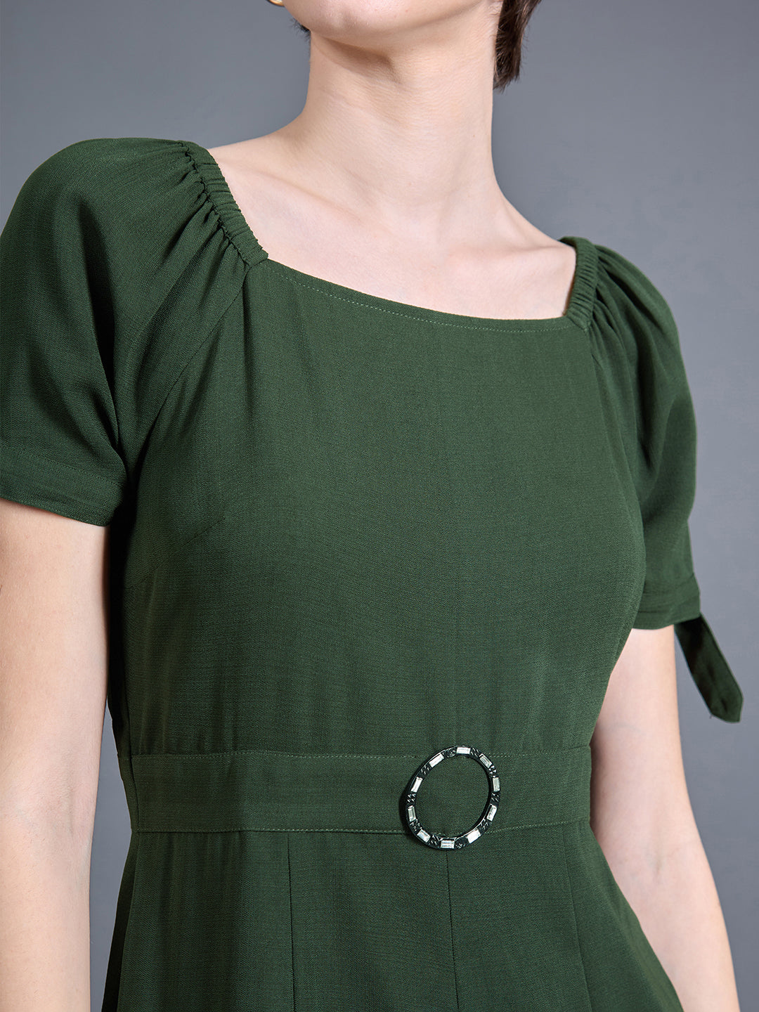 Women's Dark Green Square neck Puff sleeve Solid Wide Leg Regular Jumpsuit